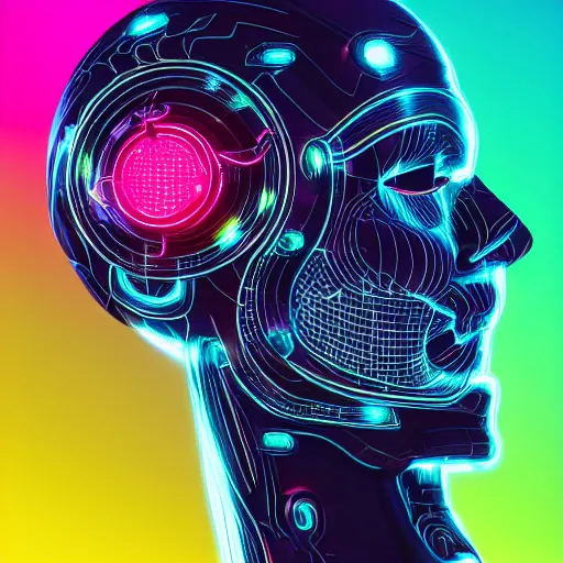 Image similar to hyperdetailed portrait of a cyberpunk futurism robot head, 8 k, glowing wires and tubes, symetrical, flourescent colors, halluzinogenic, realistic, black background