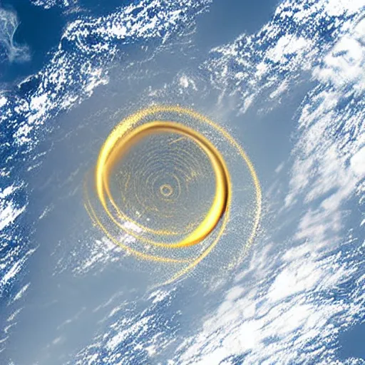 Image similar to golden rings circling the earth, highly detailed photograph, taken from space