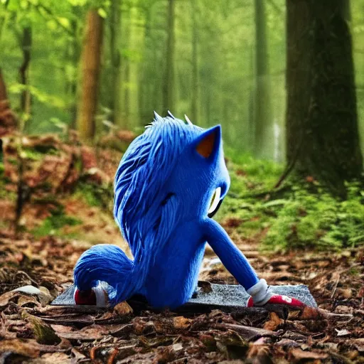 Prompt: sonic the hedgehog sitting in the woods on a camping trip