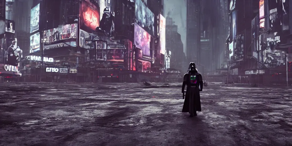 Image similar to a photo of darth vader walking in the empty streets of a post apocalyptic times square, 8 k, 3 d, octane render, realism, detailed, terror, sci - fi