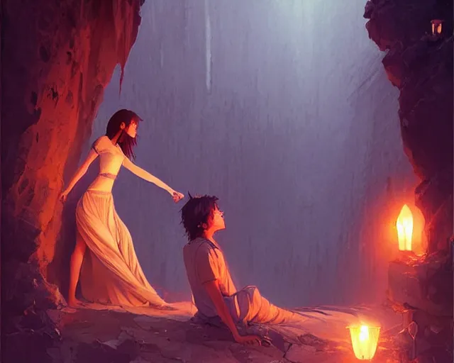 Image similar to a cinematic boy girl traditional romance moment, exploring the caves boho clothing, full body illustration, bestselling movie art poster, official media, 1970s fashion, dynamic lighting official anime media, incredible art by artgerm and greg rutkowski