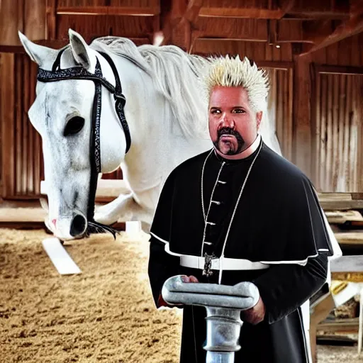 Image similar to guy fieri dressed as the pope cleaning a horse stall, a horse is staring at him while he is doing his work, award winning photo,