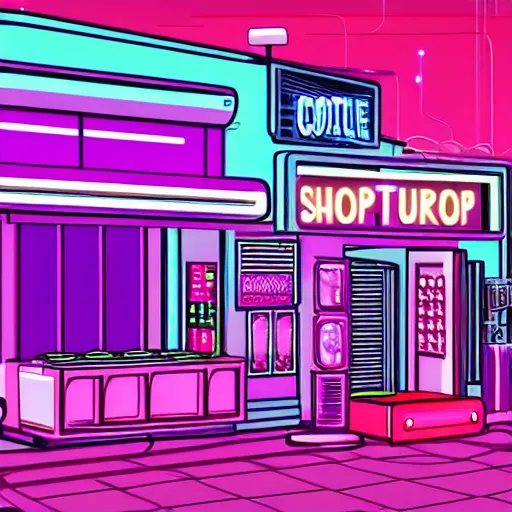 Image similar to chromatic, synthwave, 80's shop in a synthwave city