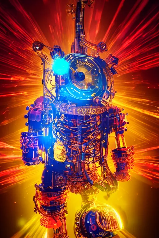 Image similar to portrait photo of a giant huge golden and blue metal futuristic steampunk robot with a red guitar covered with multicolored big gears and tubes, eyes are glowing red lightbulbs, shiny crisp finish, 3 d render, 8 k, insaneley detailed, fluorescent colors, background is multicolored lasershow