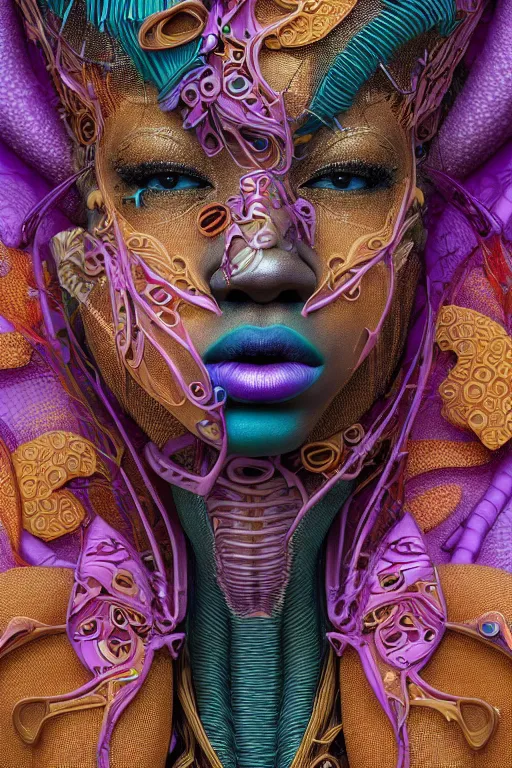 Prompt: cinema 4d colorful render, organic, dark scene, ultra detailed, of a porcelain beautiful Zendaya face. biomechanical, analog, macro lens, hard light, big leaves and large orange Dragonflies, stems, roots, fine foliage lace, turquoise gold details, high fashion haute couture, art nouveau fashion embroidered, intricate details, mesh wire, mandelbrot fractal, anatomical, facial muscles, cable wires, elegant, hyper realistic, in front of dark flower pattern wallpaper, ultra detailed