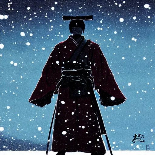 Image similar to a painting of a samurai silhouette in the snow, poster art by otomo katsuhiro, cgsociety, nuclear art, reimagined by industrial light and magic, official art, poster art