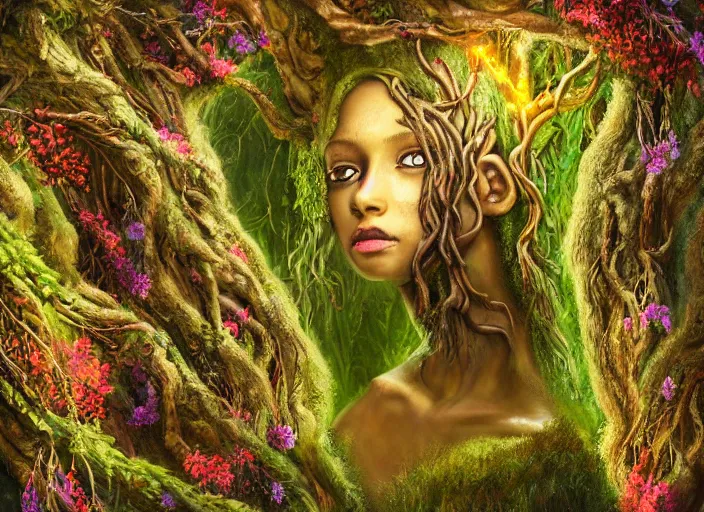 Prompt: a magical forest dryad, brown skin like soil, bright glowing ember eyes like fire, dressed in a green robe, colorful flowers growing from her head, branches growing as hair, golden sunlight, queen of the forest, extremely detailed, masterpiece, award-winning, mythological, mossy, grass, oil on canvas, soft colors, wide shot, very low angle photograph, simon stålenhag, intricate, elegant, highly detailed, centered, digital painting, artstation, concept art, smooth, sharp focus, illustration, art by artgerm and donato giancola and Joseph Christian Leyendecker, Ross Tran, WLOP