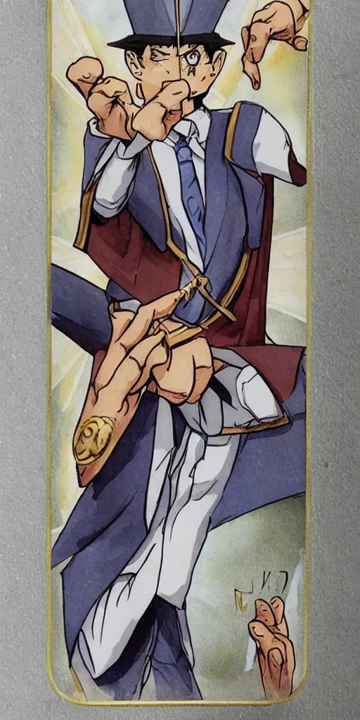 Image similar to the judge from Ace Attorney with a scale in one hand. Tarot card Justice