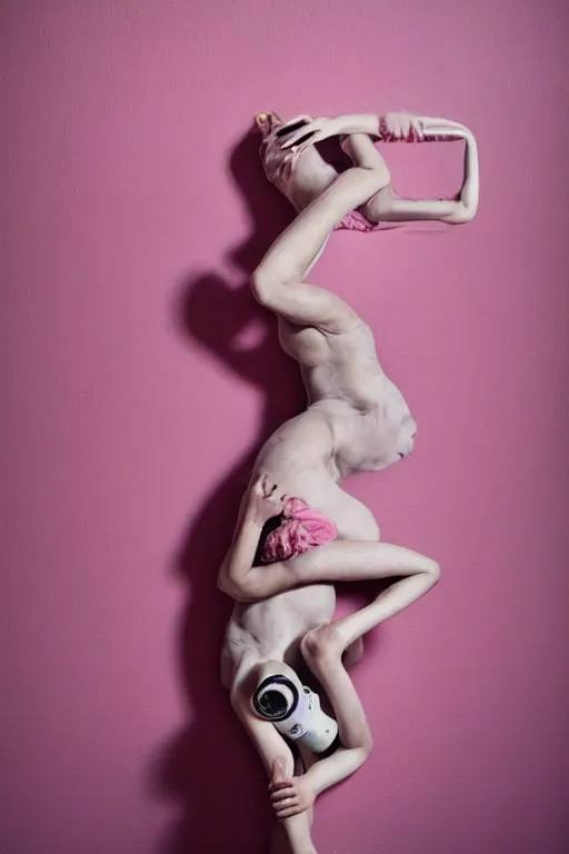 Image similar to a surreal portrait of intertwined and contorted figures wearing gas mask next to a pink wall in the style of brooke didonato, editorial fashion photography from vogue magazine, full shot, nikon d 8 1 0, ƒ / 2. 5, focal length : 8 5. 0 mm, exposure time : 1 / 8 0 0, iso : 2 0 0