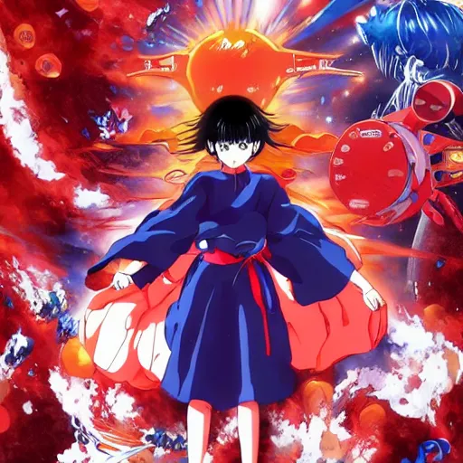 Image similar to incredibly powerful Anime Girl, created by Hideaki Anno + Katsuhiro Otomo +Rumiko Takahashi, Movie poster style, box office hit, a masterpiece of storytelling, main character center focus, monsters + mech creatures locked in combat, nuclear explosions paint sky, highly detailed 8k