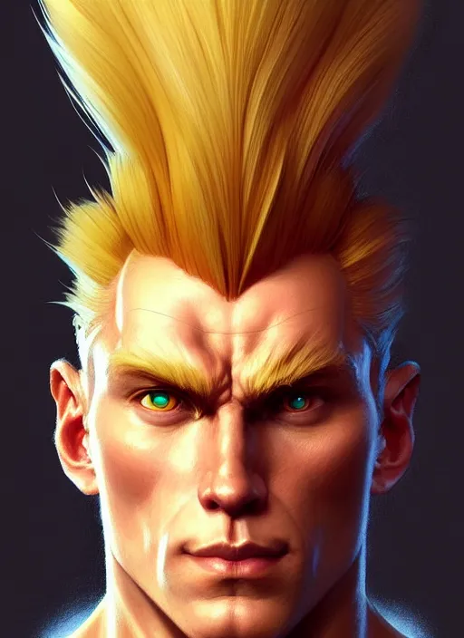 Image similar to asymmetry!! portrait of guile, street fighter iv, global illumination!! intricate, elegant, highly detailed, digital painting, artstation, concept art, smooth, sharp focus, illustration, art by artgerm and greg rutkowski and alphonse mucha