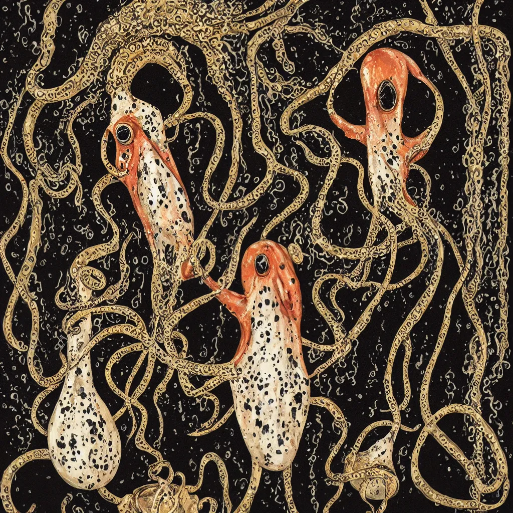 Prompt: 1 9 9 7 luxurious sumptuous and elegant portrait of a masked squid at black tie ball, with a beautiful dalmatian chained to each tentacle. holding a mollusc filled with champagne. velvet gold opulence and flash photography falling through the door of a decadent washroom