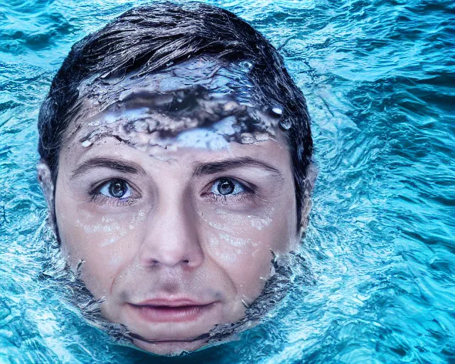 Prompt: water art manipulation of a surreal human head with open eyes burried in the ocean, shot from the top, hyper realistic, ray tracing, realistic water, sharp focus, 8 k resolution, cinematic