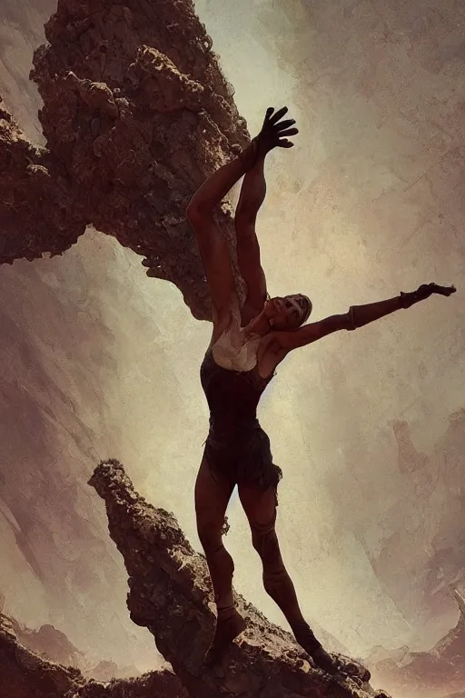 Image similar to a full body portrait of a beautiful post apocalyptic offworld desert gymnast leaping in ballet dance pose by the emerald oasis pools, intricate, elegant, highly detailed, digital painting, artstation, concept art, smooth, sharp focus, illustration, art by krenz cushart and artem demura and alphonse mucha