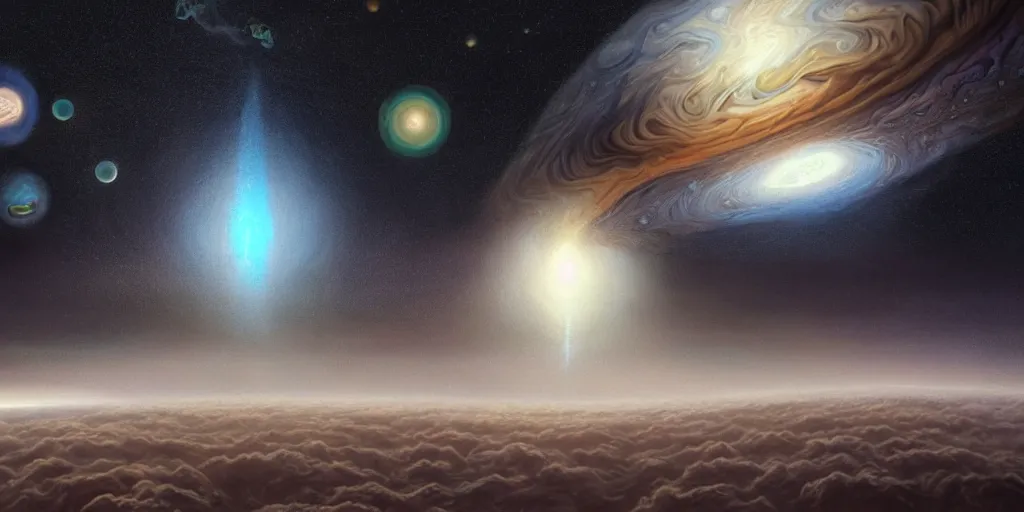 Prompt: A beautiful hyper realistic detailed painting of a cybernetic symbiosis of two gigantic quantum computers in the middle and molecule voxels of Glaucus Atlanticus iridescent metal scaffolds in orbit above the swirling billowing layered clouds of jupiter by Beksinski and beeple, deep black outer space, unreal engine, octane render, nasa images, diamond ,bismuth, zirconium, krypton, ruby, gallium, vanadium, platinum, amber, tungsten, crystals, iridescent bubble texture