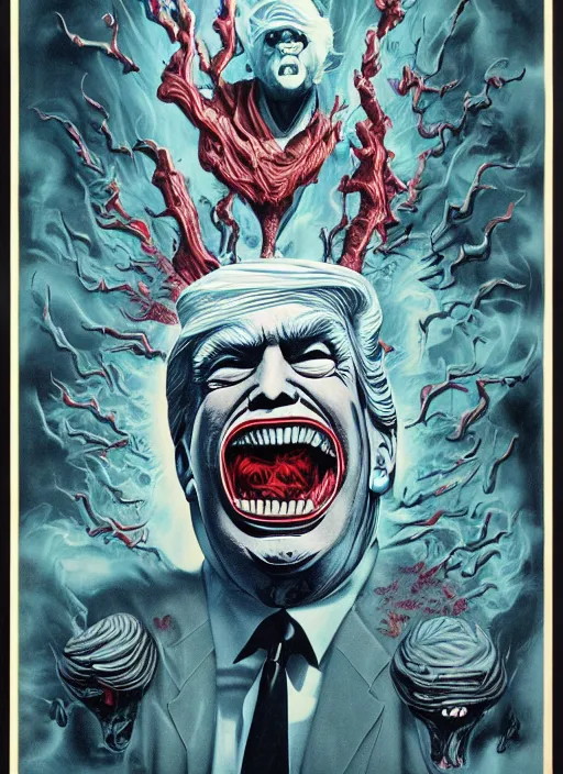 Prompt: donald trump's grotesque true form revealed, horror, high details, minimalist, by vincent di fate, artgerm julie bell beeple, 1980s, inking, vintage 80s print, screen print