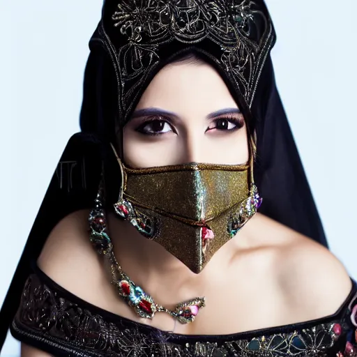 Image similar to fantasy arabian woman with mask, portrait photo, studio light, hdr, commercial shot