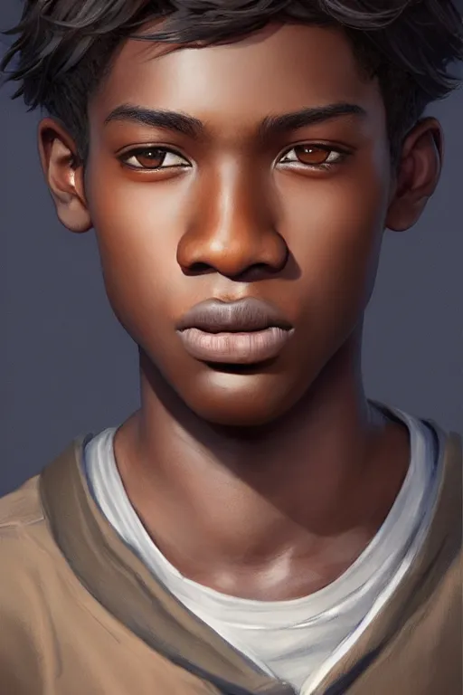 Image similar to young teenager boy with straight short brown hair, dark skin, big lips. highly detailed, d & d, fantasy, highly detailed, digital painting, trending on artstation, concept art, sharp focus, illustration, art by artgerm and greg rutkowski and fuji choko and viktoria gavrilenko and hoang lap