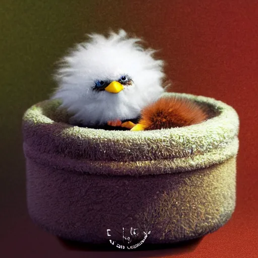 Image similar to long shot of a cute fluffy furry chick nesting in a playmobil car, by esao andrews, by m. w. kaluta, humorous illustration, hyperrealistic, tilt shift, warm colors, night scenery, low light, 3 d octane render, 4 k, volumetric lights, smooth, cosy atmosphere, conceptart, hyperdetailed, trending on deviantart