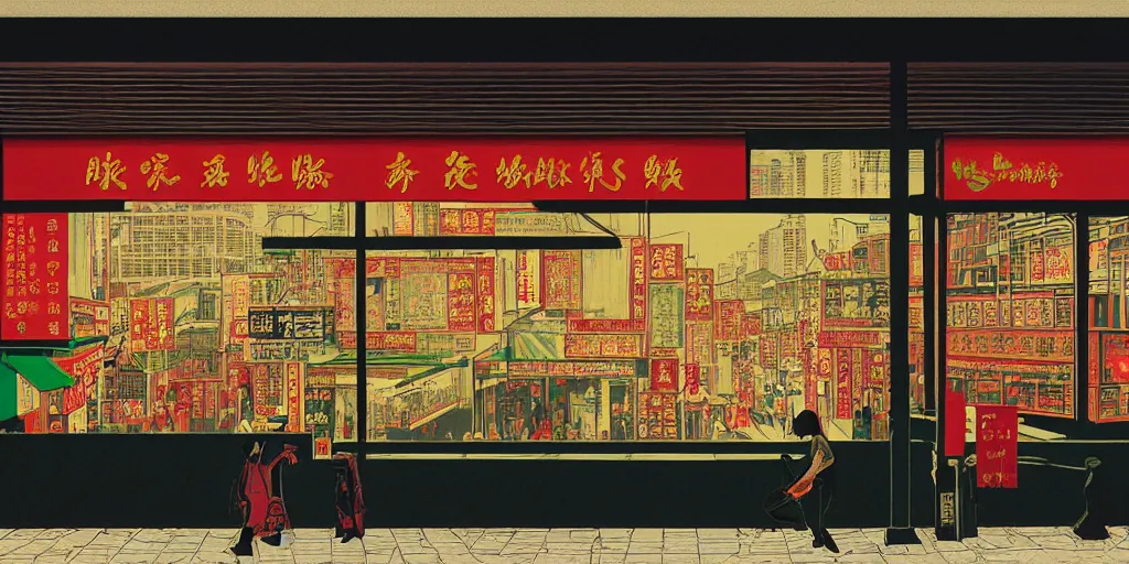 Image similar to a shop window in hong kong, by dan mumford and peter doig and edward hopper, minimal, black in, thick lines highly detailed, muted colours, overlaid with chinese adverts, 8 k