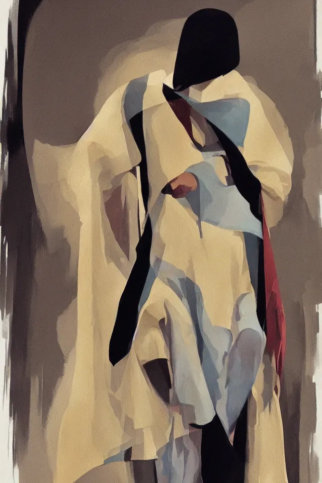 Image similar to sfumato renaissance oil painting of a modern shaman, modern minimal isei miyake outfit, in the style of lara jade, syd mead, concept art