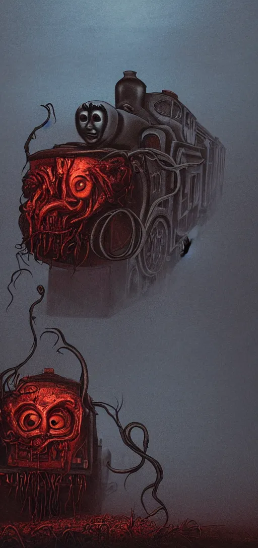 Image similar to thomas the tank engine in style of zdzisław beksinski, extremely dramatic lighting, 8 k, tendrils, black, darkness, black slime tendrils, infected, rust, body horror, thomas the train, thomas the tank engine face, horror,