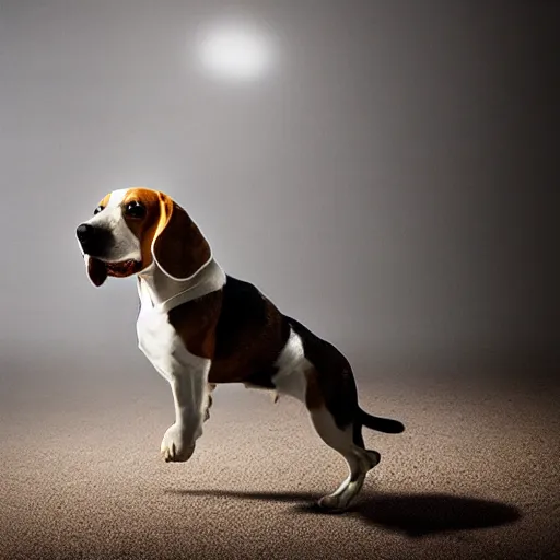 Prompt: the spirit of a beagle levitating from his body, mystical light lighting him up, magical dust