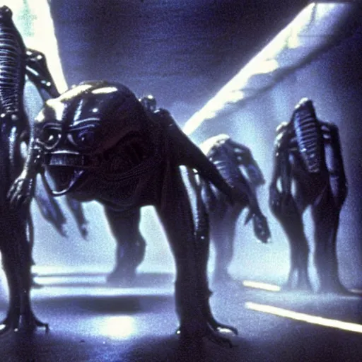 Prompt: movie still, 1 9 8 0 s, alien creatures, hyperdetailed, by ridley scott and john carpenter, blue leds