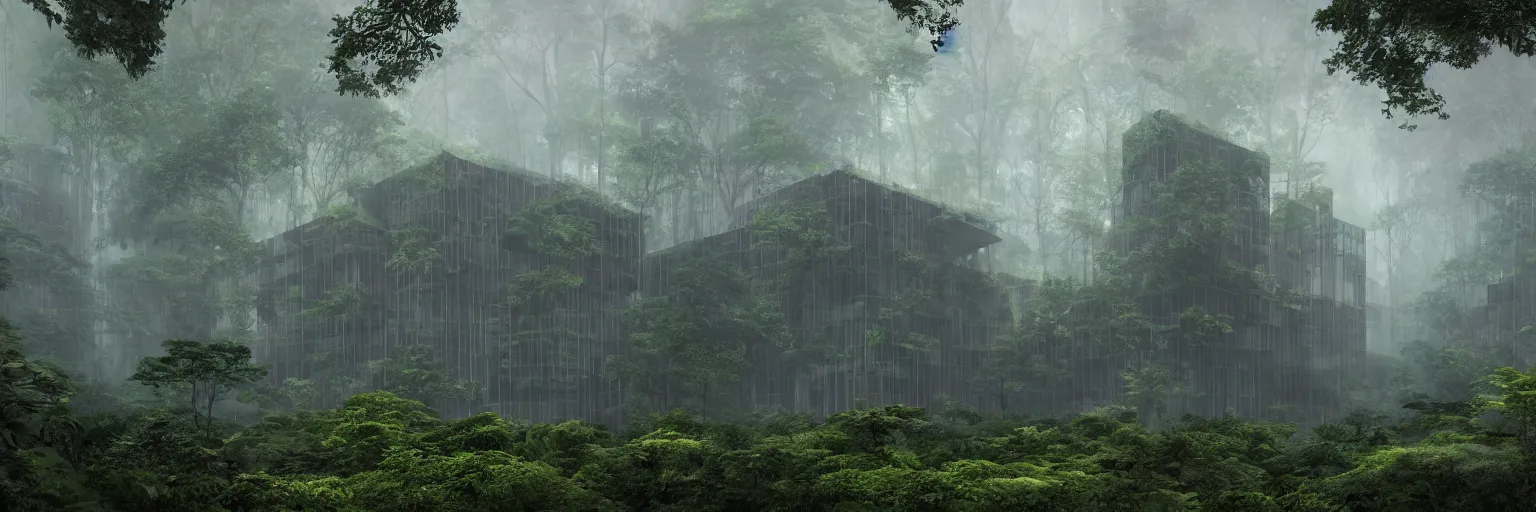 Image similar to brutalist architecture inspired by louis kahn deep in the rainforest. nature is taking over. matte painting. concept art. color scheme dark green and dark yellow. mist. cinematic.