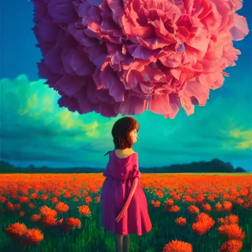 Image similar to girl with a giant carnation head, surreal photography, flower field, sunset dramatic light, impressionist painting, colorful clouds, blue sky, digital painting, artstation, simon stalenhag