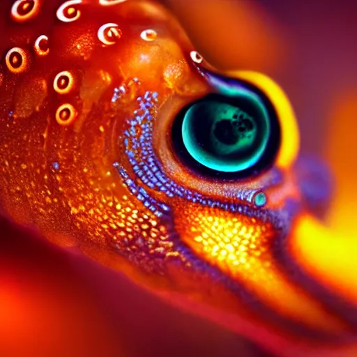 Image similar to fiery whimsical emotional eyes cephalopod, in a photorealistic macro photograph with shallow dof