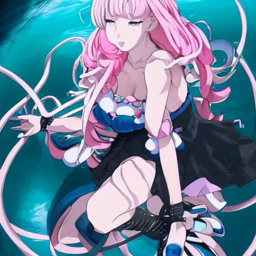 Image similar to stunningly beautiful omnipotent megalomaniacal anime goddess who looks like junko enoshima with symmetrical perfect face and porcelain skin, pink twintail hair and cyan eyes, looking down upon the viewer and taking control while smiling in a mischievous way, mid view from below her feet taken in an extremely low angle, hyperdetailed, 2 d 8 k