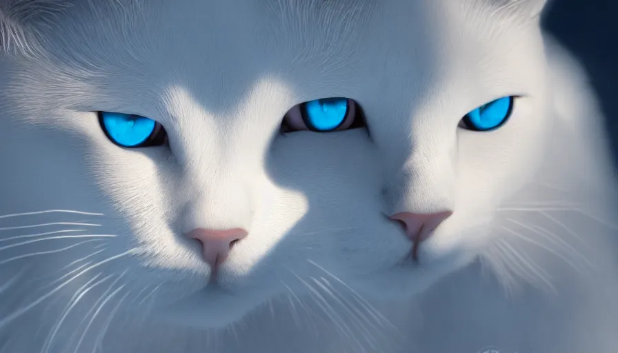 Image similar to shiny white cat with blue electric eyes, snow, light, shadow, volumetric light, hyperdetailed, artstation, cgsociety, 8 k