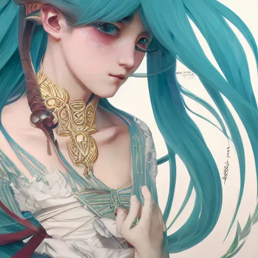 Image similar to portrait of hatsune miku, D&D, fantasy, intricate, elegant, highly detailed, digital painting, artstation, concept art, smooth, sharp focus, illustration, art by artgerm and greg rutkowski and alphonse mucha