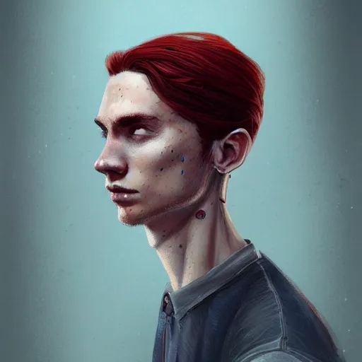 Image similar to portrait of a thin young man with long red hair, ponytail, a lot of freckles on his face, intricate, elegant, glowing lights, highly detailed, digital painting, artstation, concept art, smooth, sharp focus, illustration