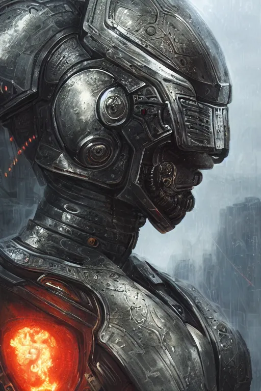 Prompt: ultra realist and ultra intricate detailed soft painting of a beautiful sci-fi armored male, helmet, symmetry features, sensual gloomy style, volumetric clouds, cyberpunk burning building background, artstation, unreal render, depth of field