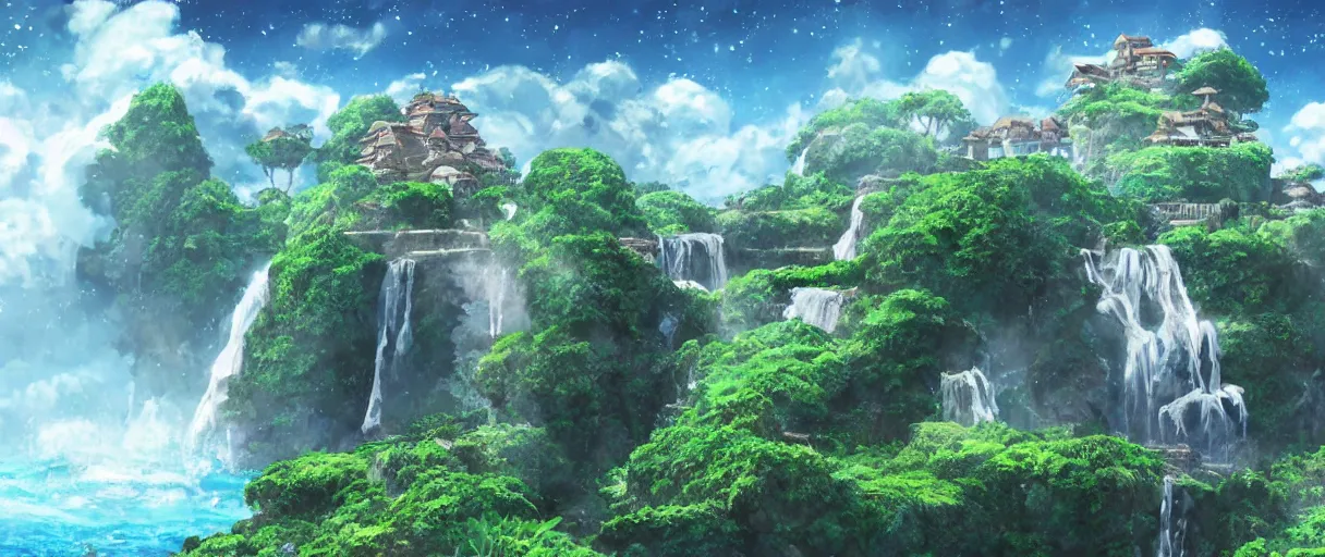 Image similar to a small crumbling island with waterfalls flowing off the island, floating in space, studio ghibli, digital art, detailed, depth of field