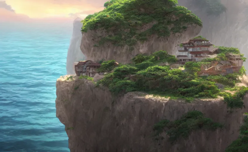 Image similar to a house on a cliff over an ocean, one small boat, dangerous cliffside, trees. matte painting, Makoto Shinkai, anime, trending on ArtStation, digital art.