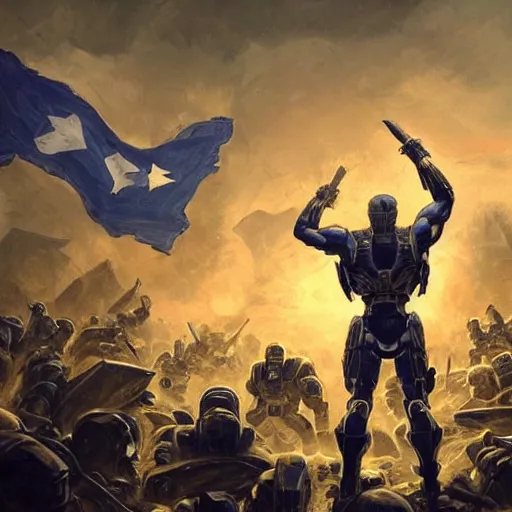 Image similar to a full body shot from distance from behind of a super soldier with a yellow and blue flag standing on a huge pile of skulls in triumph after battle, western, D&D, fantasy, intricate, elegant, highly detailed, digital painting, artstation, concept art, matte, sharp focus, symmetrical, illustration, art by Artgerm and Greg Rutkowski and Alphonse Mucha