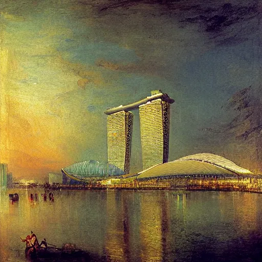 Prompt: a vibrant painting of the marina bay sands hotel in singapore by william turner, detailed, art, 1 8 2 4, british museum, colorful, beautiful