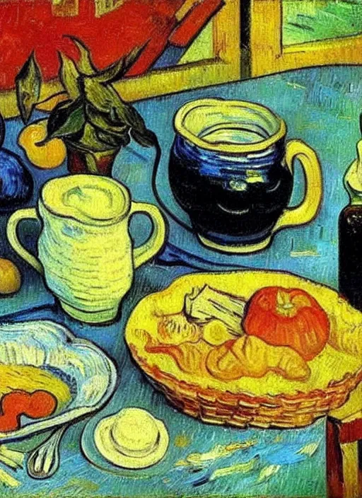 Prompt: good morning, artist painting on a canvas showing breakfast, painting by vincent van gogh, paul gauguin