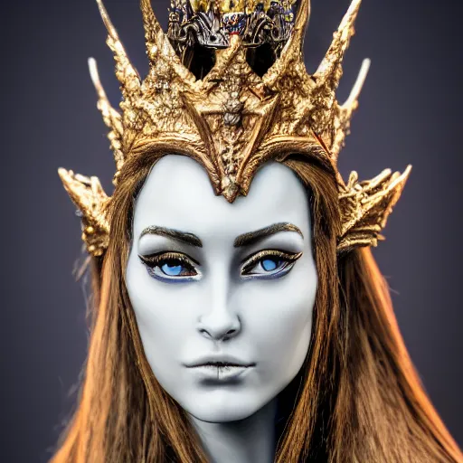 Image similar to photo of a beautiful elven queen queen with ornate crown and cloak, telephoto lens, incredibly detailed, macro 35mm 8k, HDR, studio