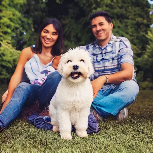 Image similar to a cute dog sitting next to a family