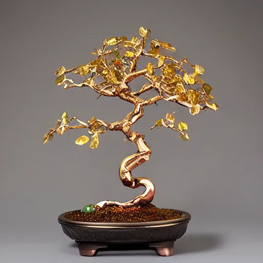 Prompt: aesthetic golden bonsai with raw gems as leaf and gothic ornaments, gems, rose gold, 8 k, details, studio lighting, realism, complex lights