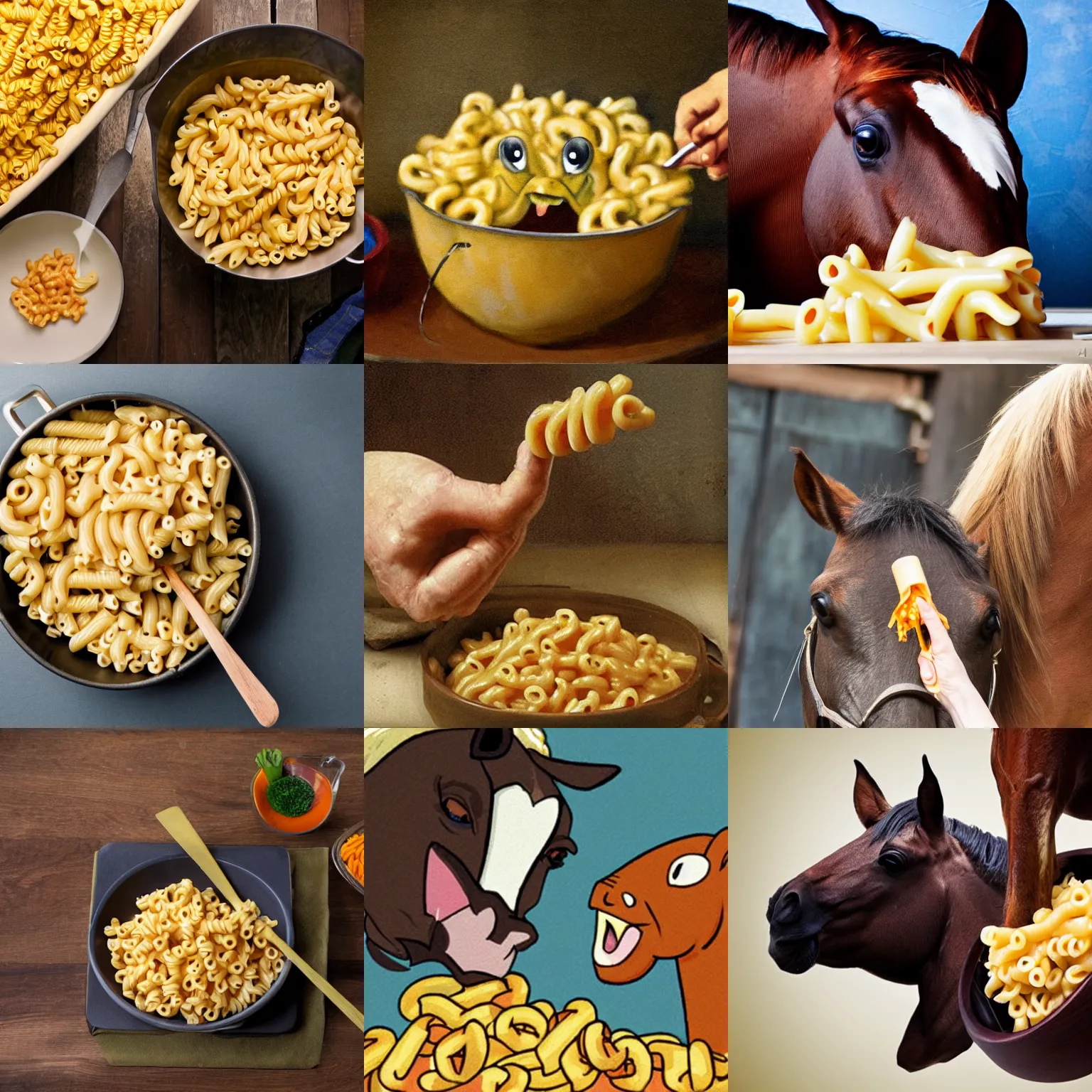 Prompt: An angry horse being force-fed macaroni