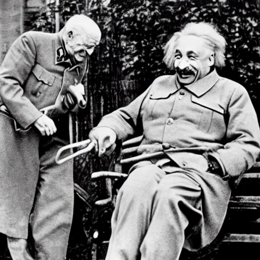 Prompt: Einstein laughing at Stalin, historical photo, high grain, black and white, highly detailed