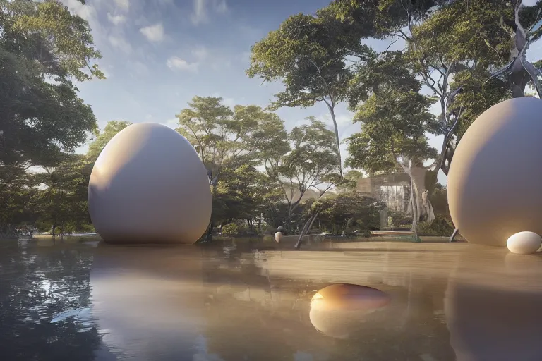 Image similar to a building formed by the intersection and combination of egg shaped spherical spaces of different sizes, on the calm lake, people's perspective, future, interior wood, marble, award winning, highly detailed 4 k art, dusk, unreal engine highly rendered, global illumination, radial light, internal environment by kazuyo sejima