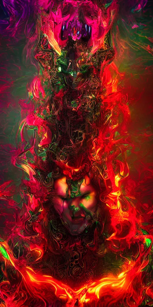 Prompt: impossibly beautiful demon hunter in the depths of hell battling demons, intricate complexity, horror, psychedelic glitch art, rainbow drip paint, trending on art station, photoreal, 8k, octane render