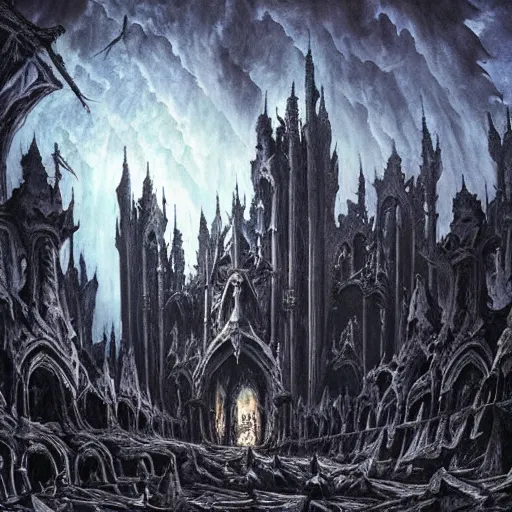 Prompt: a dark gothic castle made of skulls and bones and skeletons, tall spires, epic nebula, Dan Seagrave art