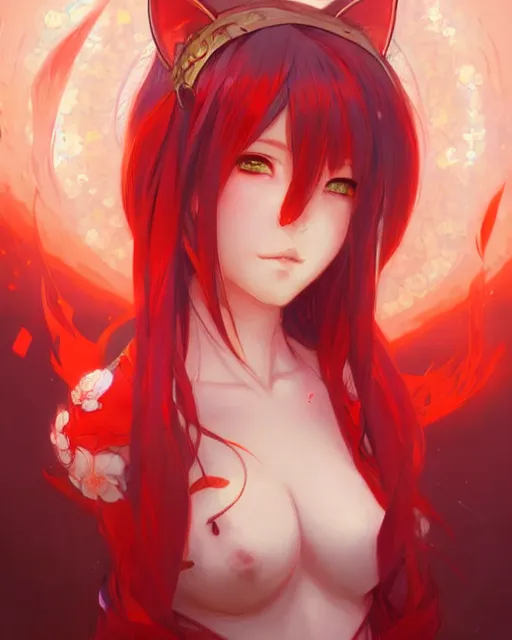 Image similar to beautiful anime girl with cat ears, lake, red, flames everywhere, highly detailed, digital painting, artstation, concept art, smooth, sharp focus, illustration, art by artgerm and greg rutkowski and alphonse mucha